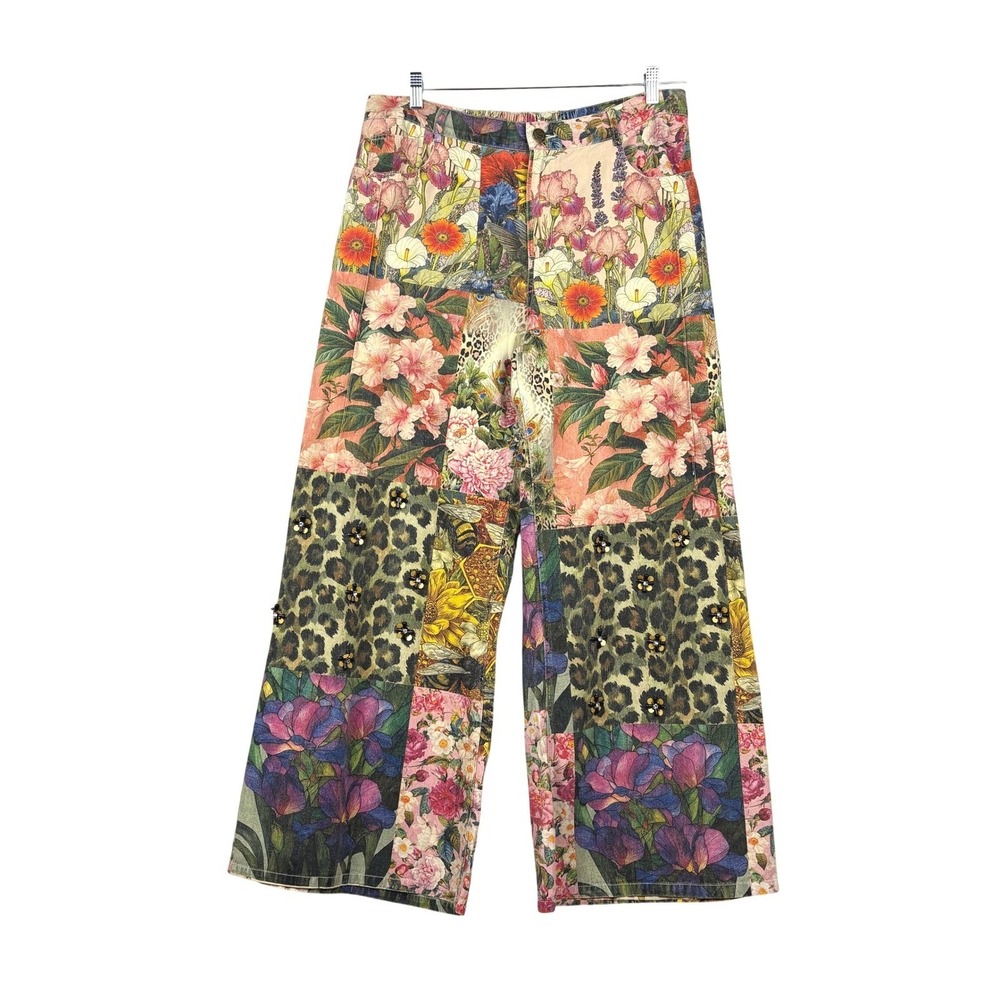 A Rare Bird Women Handmade Boho Patchwork WideLeg Pant M/L Animal Floral Artisan